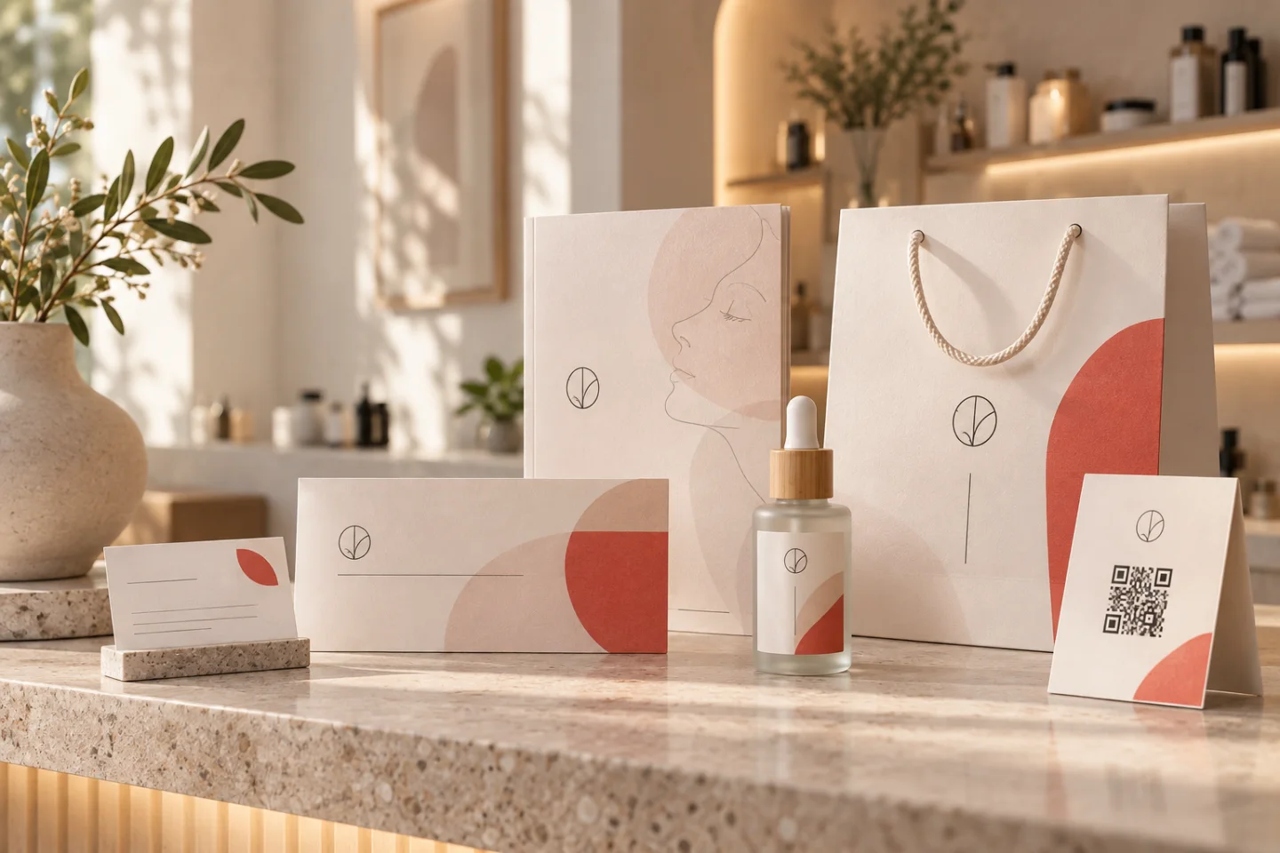 Een verfijnde collectie drukwerk en verpakkingen op de balie van een moderne beautystudio