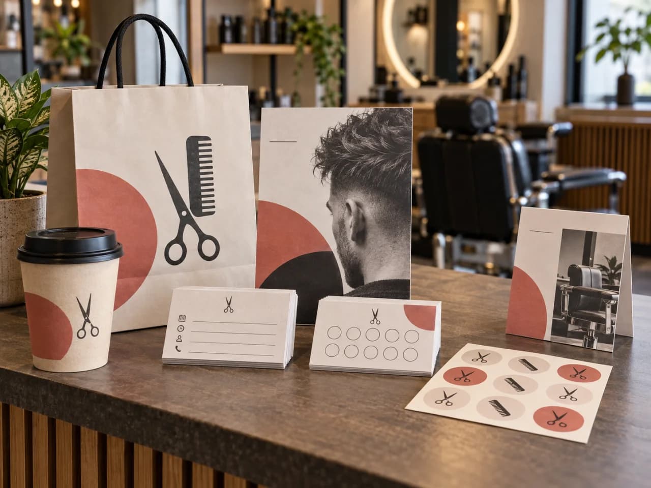 Een complete collectie drukwerk en verpakkingen op de balie van een moderne kapsalon